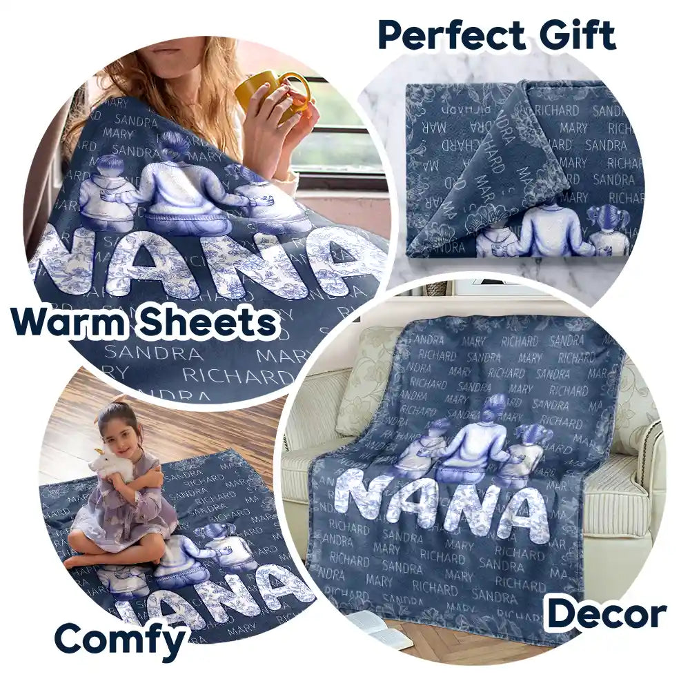 Gift For Grandma,Gift For Mother,Love - Grandma Nana Toile Back View Family - Personalized Fleece Blanket, Sherpa Blanket