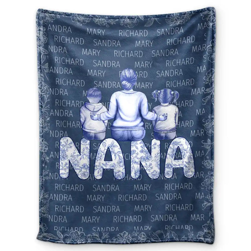 Gift For Grandma,Gift For Mother,Love - Grandma Nana Toile Back View Family - Personalized Fleece Blanket, Sherpa Blanket