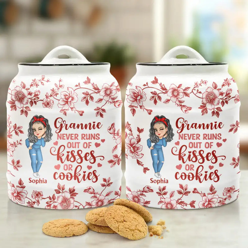 Gift For Mother,Gift For Grandma,Love,Baking  - Grandma Never Runs Out Of Kisses Or Cookies - Personalized Cookie Jar