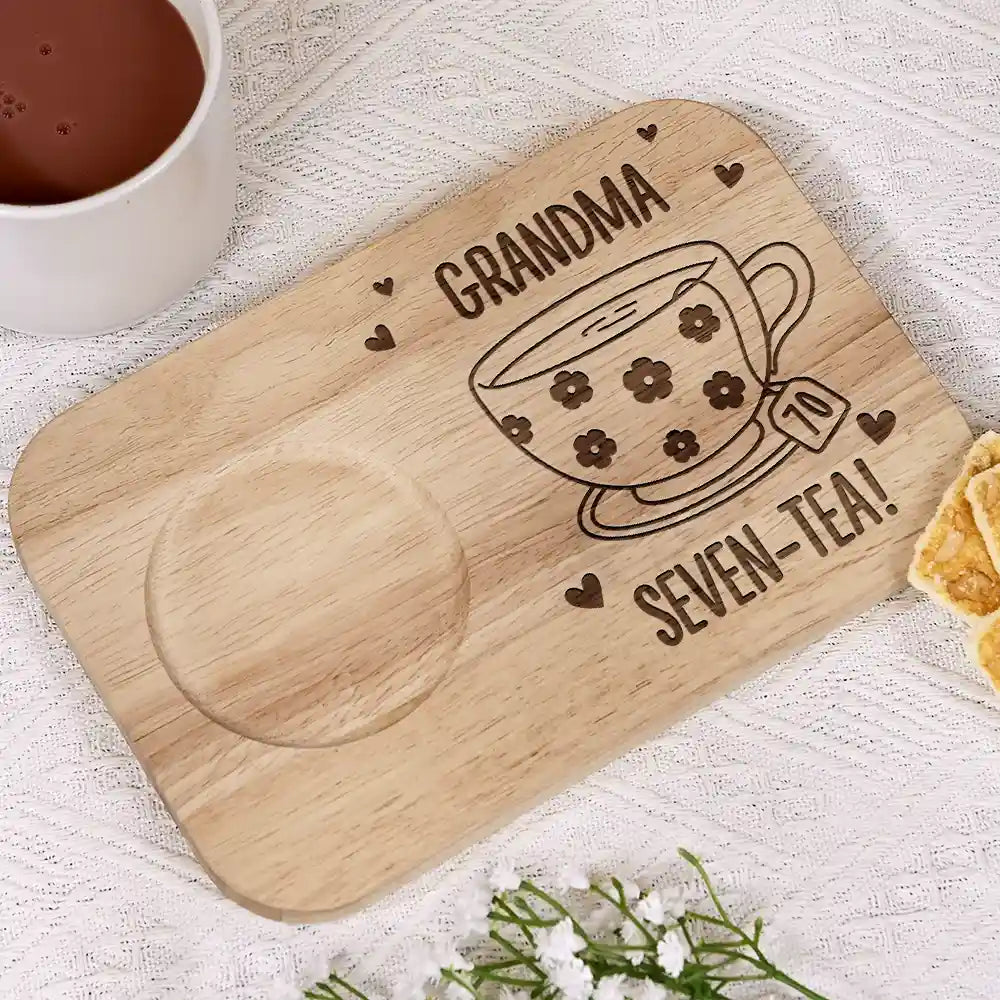 Gift For Grandma,Gift For Grandparents,Gift For Grandpa,Gift For Mother - Grandma Seven-Tea - Personalized Serving Board With Cup Holder
