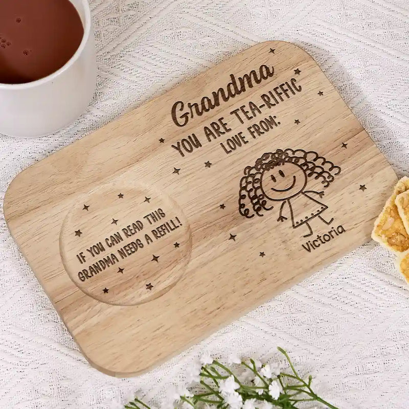 Gift For Grandma, Gift For Grandparents, Gift For Grandpa, Gift For Mother, Love - Grandma You Are Tea-Riffic - Personalized Serving Board With Cup Holder