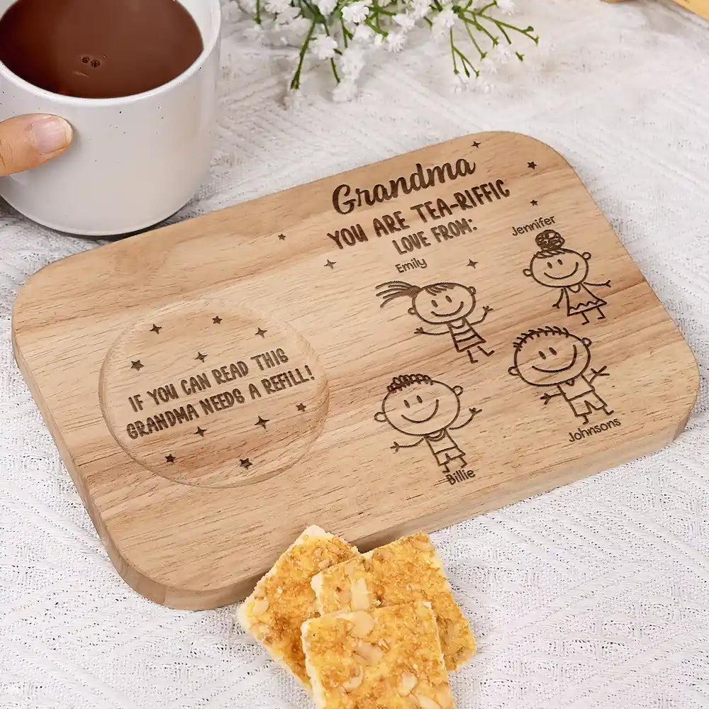 Gift For Grandma, Gift For Grandparents, Gift For Grandpa, Gift For Mother, Love - Grandma You Are Tea-Riffic - Personalized Serving Board With Cup Holder