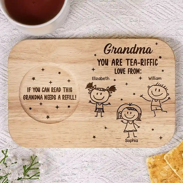 Gift For Grandma, Gift For Grandparents, Gift For Grandpa, Gift For Mother, Love - Grandma You Are Tea-Riffic - Personalized Serving Board With Cup Holder