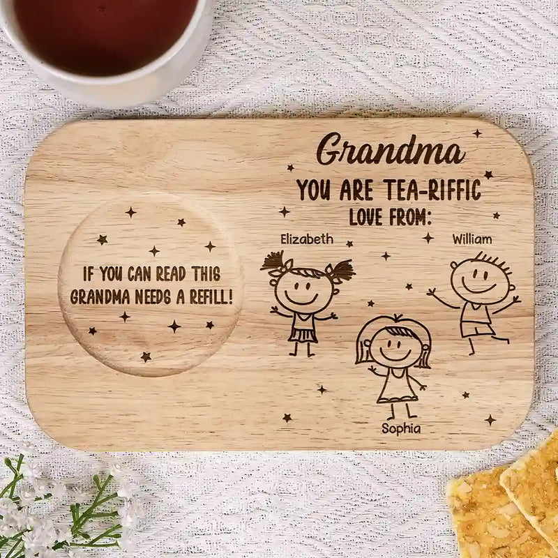 Gift For Grandma, Gift For Grandparents, Gift For Grandpa, Gift For Mother, Love - Grandma You Are Tea-Riffic - Personalized Serving Board With Cup Holder