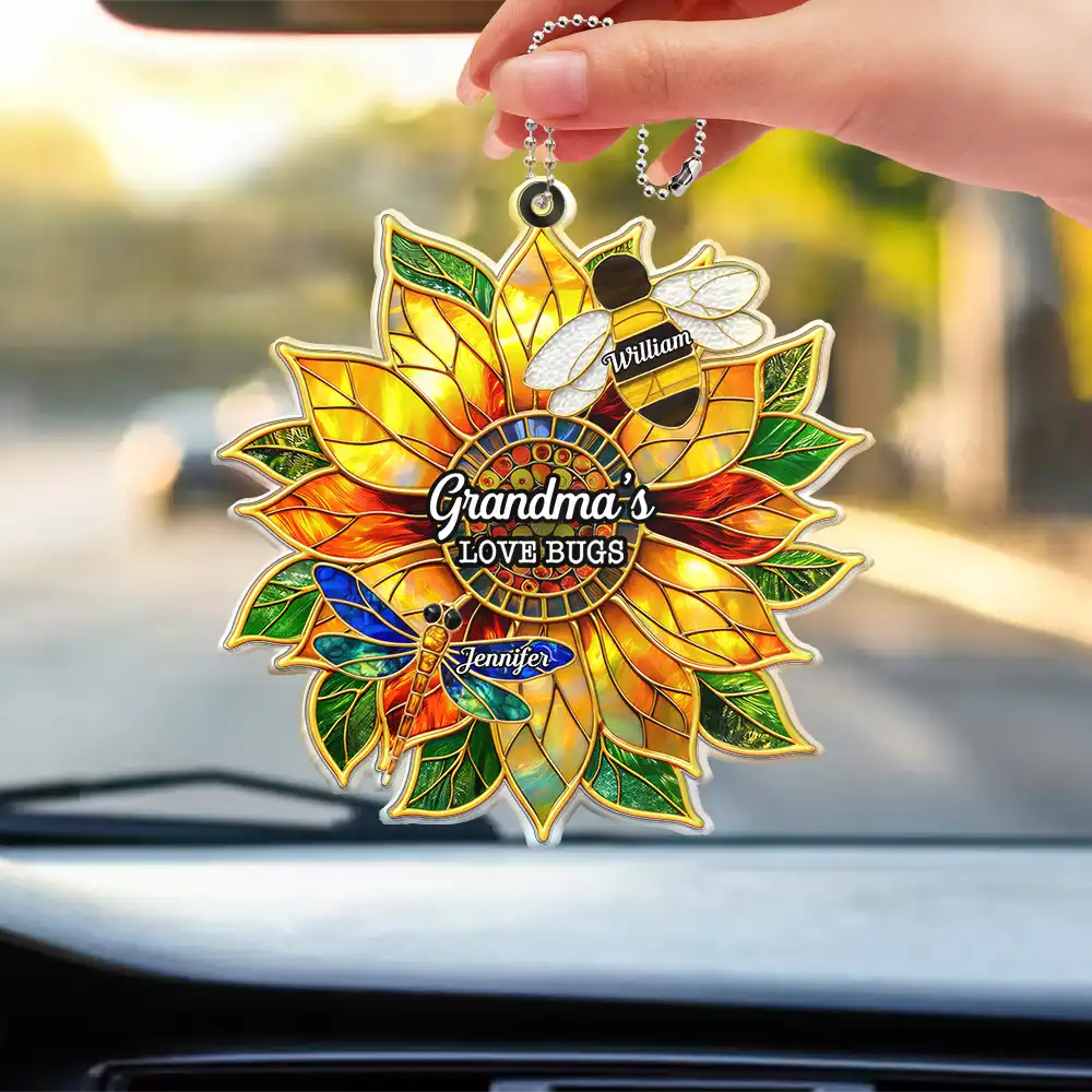 Gardening,Gift For Grandma,Grandma - Grandkids,Grandma's Hobby,Happy,Icon - Grandma's Love Bugs Stained Glass Effect - Personalized Acrylic Car Hanger