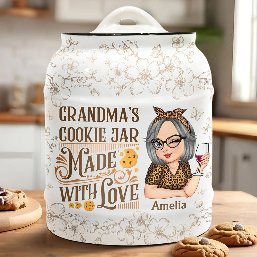 Happy,Gift For Grandma,Grandma's Hobby,Baking - Grandma's Cookie Jar Made With Love - Personalized Cookie Jar