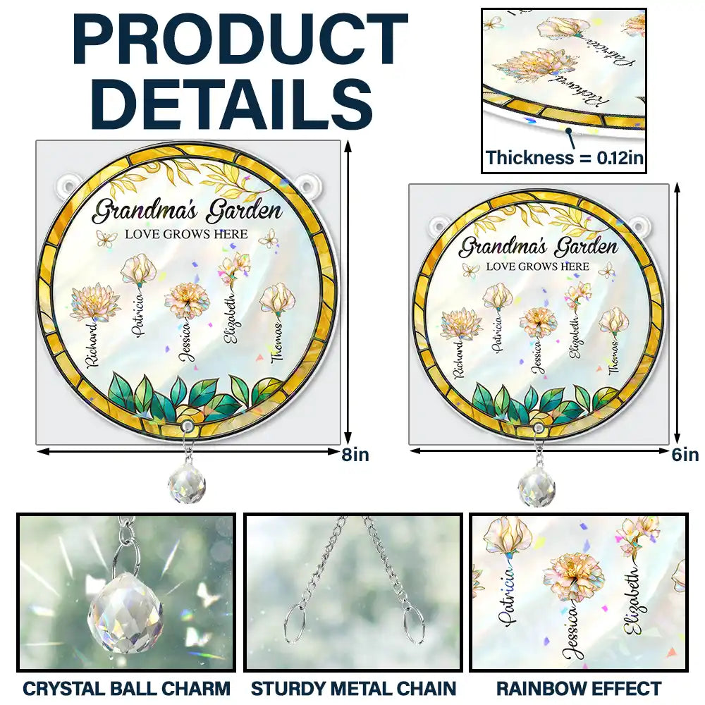 Gift For Grandma,Happy,Grandma,Grandkids - Grandma's Garden - Personalized Rainbow Suncatcher With Crystal Ball Prism