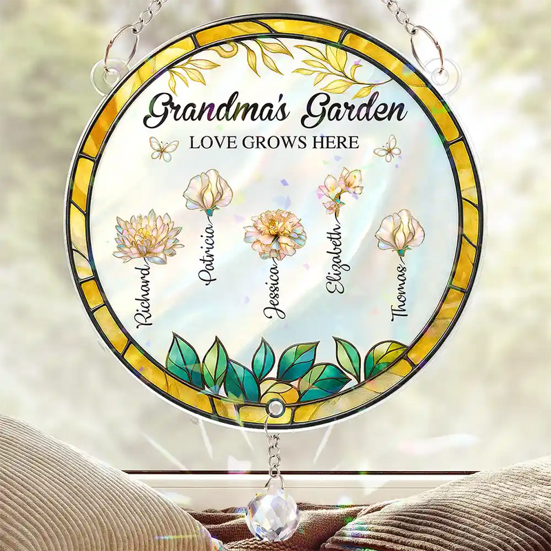 Gift For Grandma,Happy,Grandma,Grandkids - Grandma's Garden - Personalized Rainbow Suncatcher With Crystal Ball Prism