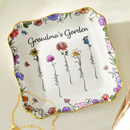 Gift For Grandma, Gift For Mother, Love - Grandma's Garden Birth Flower - Personalized Lace Square Jewelry Dish