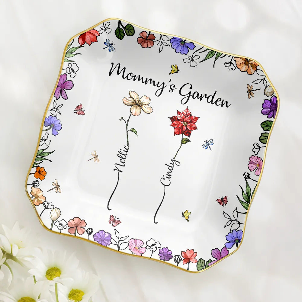 Gift For Grandma, Gift For Mother, Love - Grandma's Garden Birth Flower - Personalized Lace Square Jewelry Dish