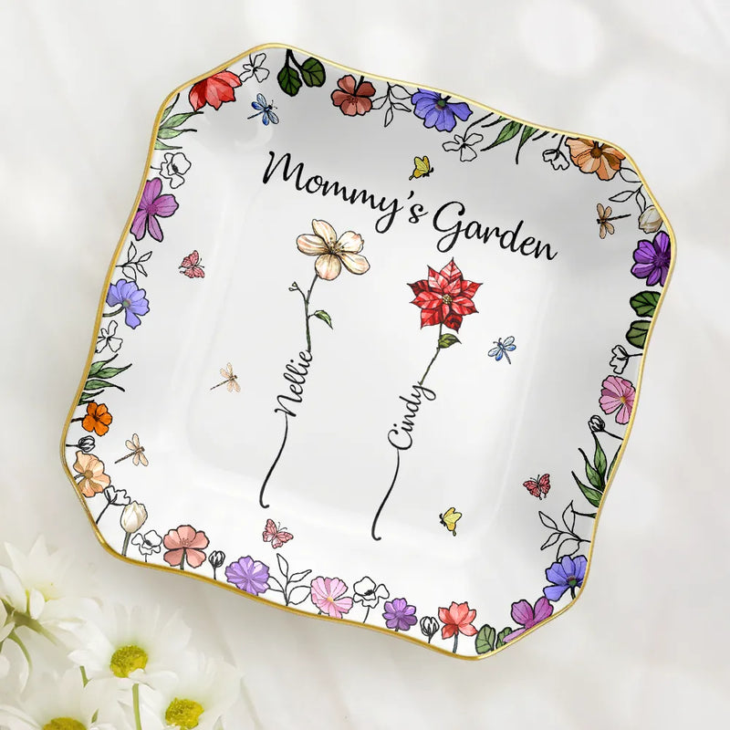 Gift For Grandma, Gift For Mother, Love - Grandma's Garden Birth Flower - Personalized Lace Square Jewelry Dish