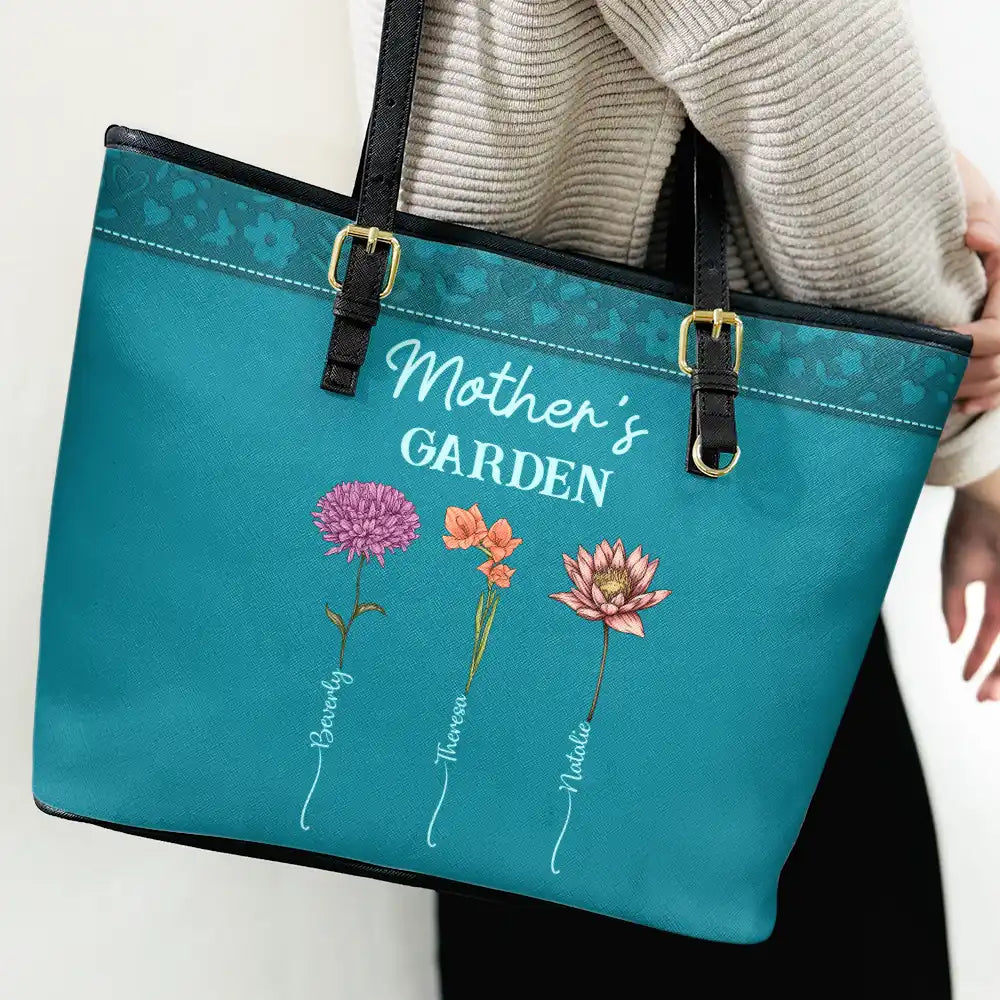 Gift For Mother,Gift For Grandma,Love,Gift For Wife - Grandma's Garden Birth Flower - Personalized Leather Tote Bag