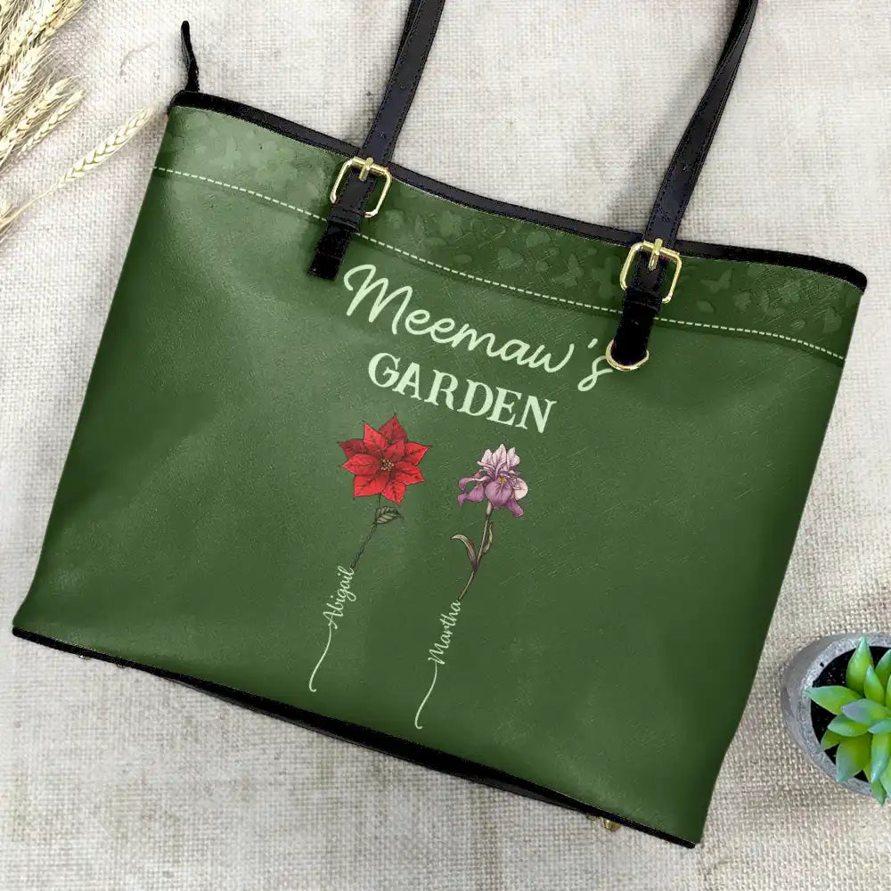 Gift For Mother,Gift For Grandma,Love,Gift For Wife - Grandma's Garden Birth Flower - Personalized Leather Tote Bag