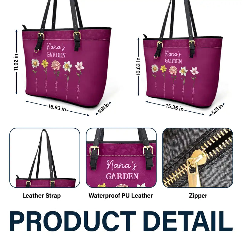 Gift For Mother,Gift For Grandma,Love,Gift For Wife - Grandma's Garden Birth Flower - Personalized Leather Tote Bag