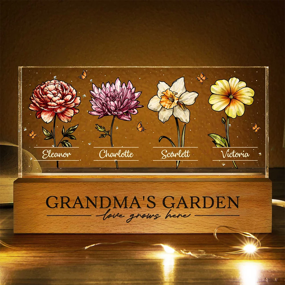 Gift For Grandma, Gift For Mother, Gift For Wife, Gift For Women, Happy - Grandma's Garden Birth Flowers - Personalized Rectangle LED Light