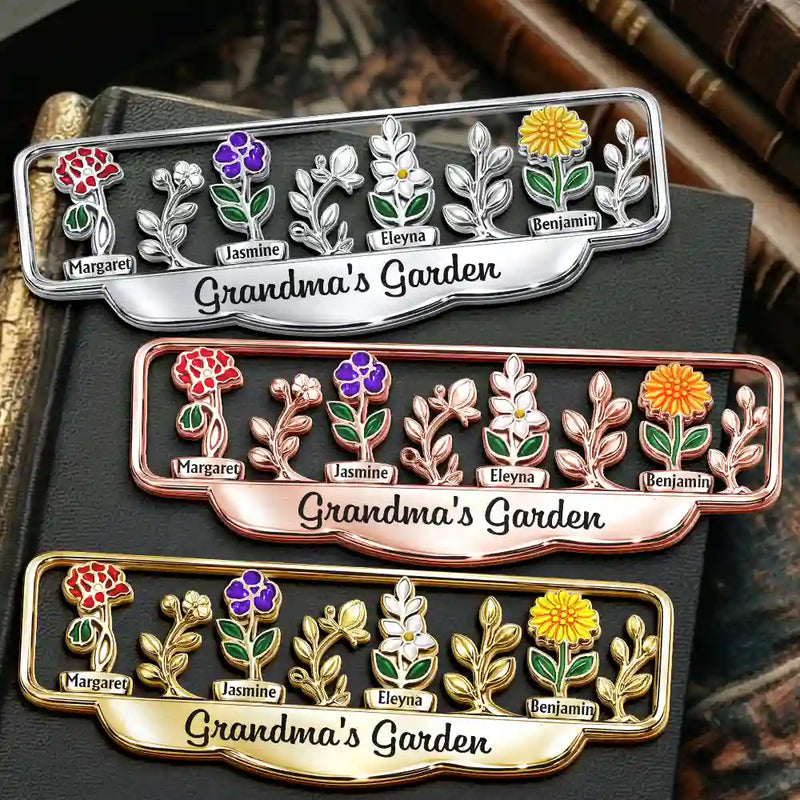 Gift For Grandma,Grandma - Grandkids,Happy - Grandma's Garden Birth Month Flower - Personalized Custom Shaped Metal Bookmark