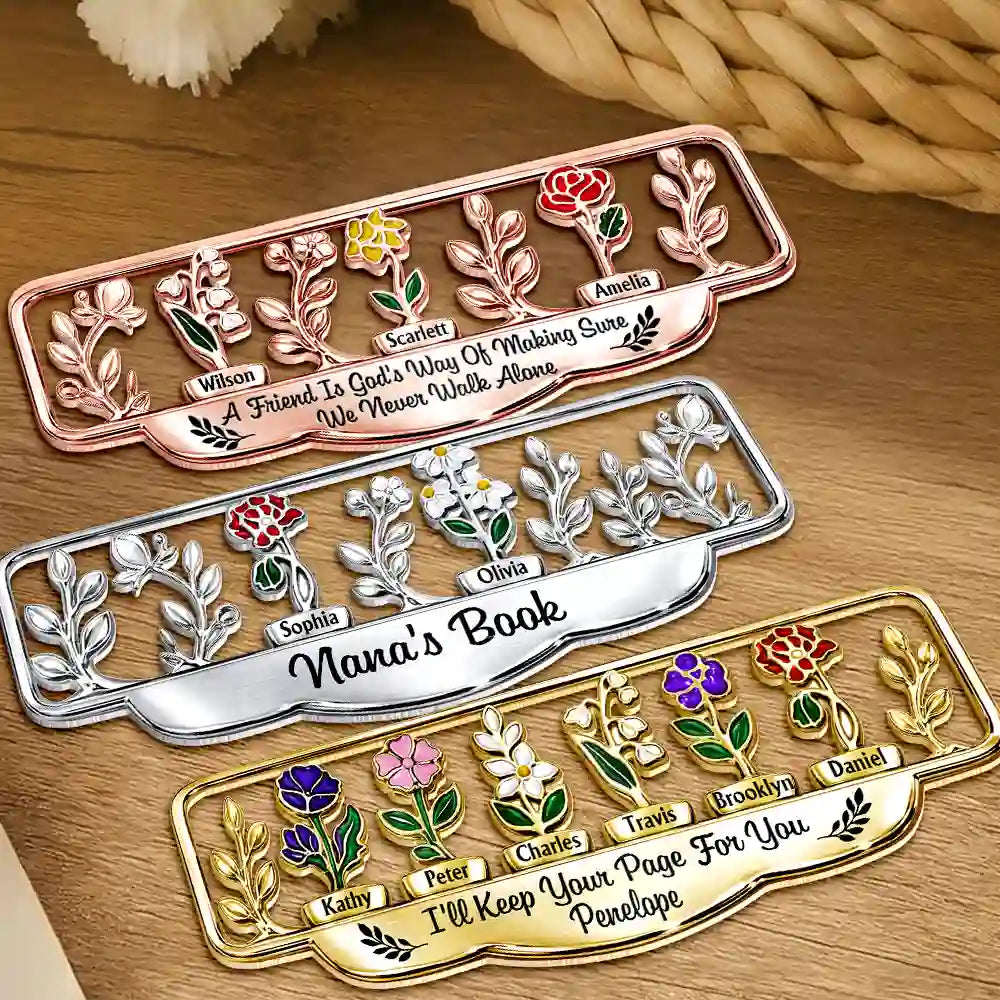 Gift For Grandma,Grandma - Grandkids,Happy - Grandma's Garden Birth Month Flower - Personalized Custom Shaped Metal Bookmark