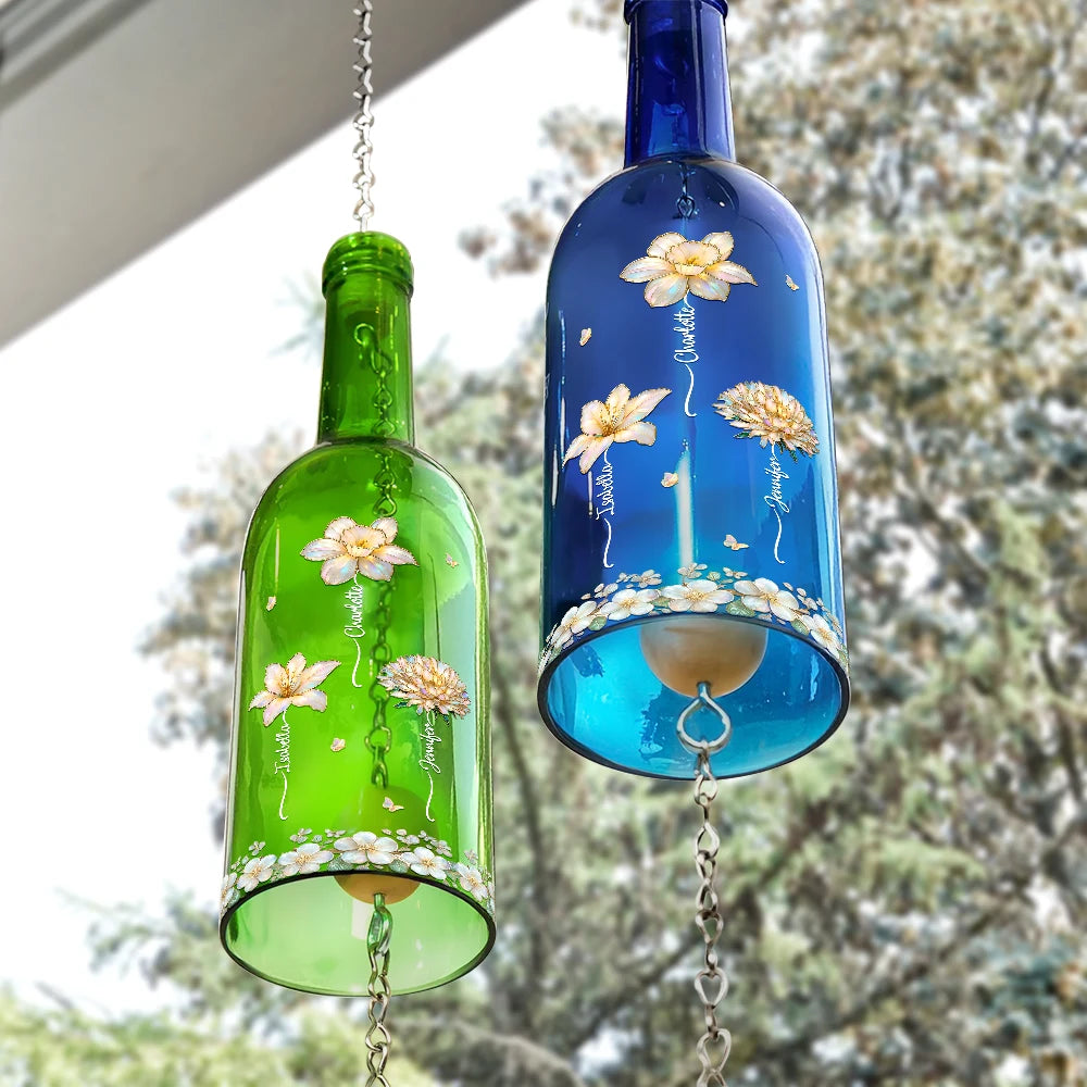 Gift For Mother, Gift For Grandma, Grandma - Grandkids, Family, Happy - Grandma's Garden Birth Month Flower - Personalized Wine Bottle Wind Chime