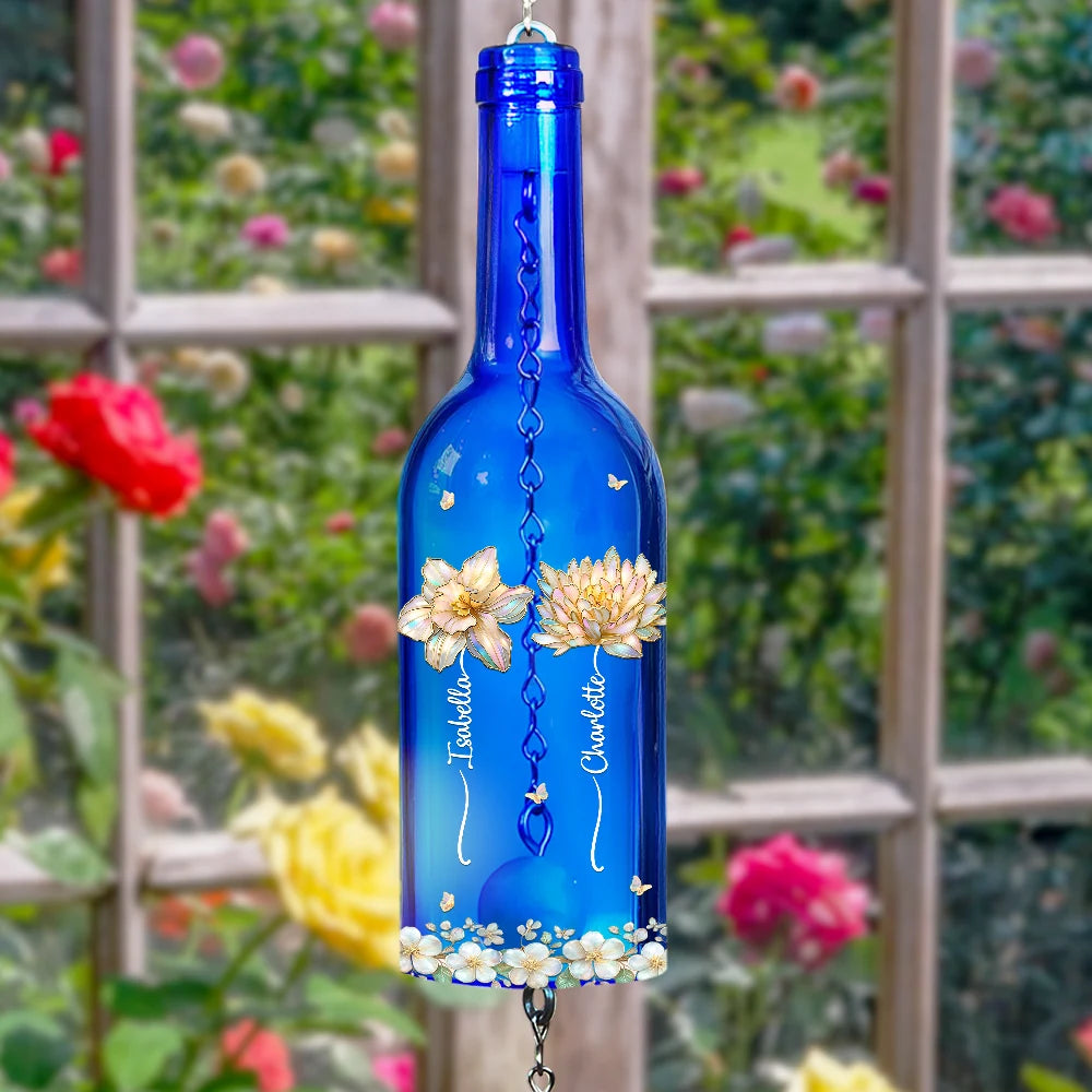 Gift For Mother, Gift For Grandma, Grandma - Grandkids, Family, Happy - Grandma's Garden Birth Month Flower - Personalized Wine Bottle Wind Chime