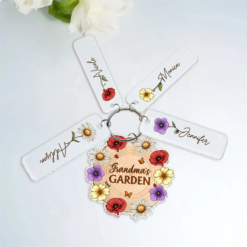 Gift For Grandma, Grandma - Grandkids, Happy - Grandma's Garden Birth Month Flowers - Personalized Acrylic Tag Keychain