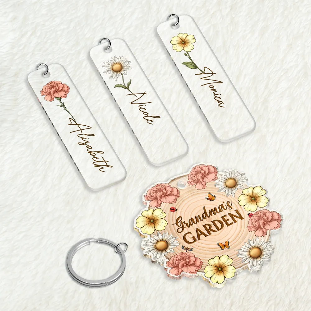 Gift For Grandma, Grandma - Grandkids, Happy - Grandma's Garden Birth Month Flowers - Personalized Acrylic Tag Keychain