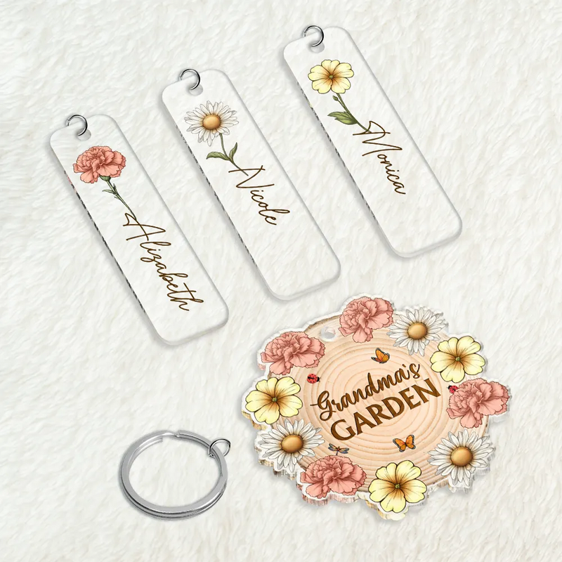 Gift For Grandma, Grandma - Grandkids, Happy - Grandma's Garden Birth Month Flowers - Personalized Acrylic Tag Keychain