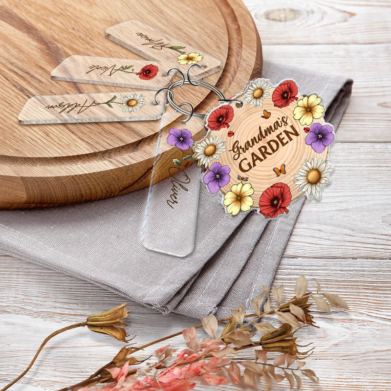 Gift For Grandma, Grandma - Grandkids, Happy - Grandma's Garden Birth Month Flowers - Personalized Acrylic Tag Keychain