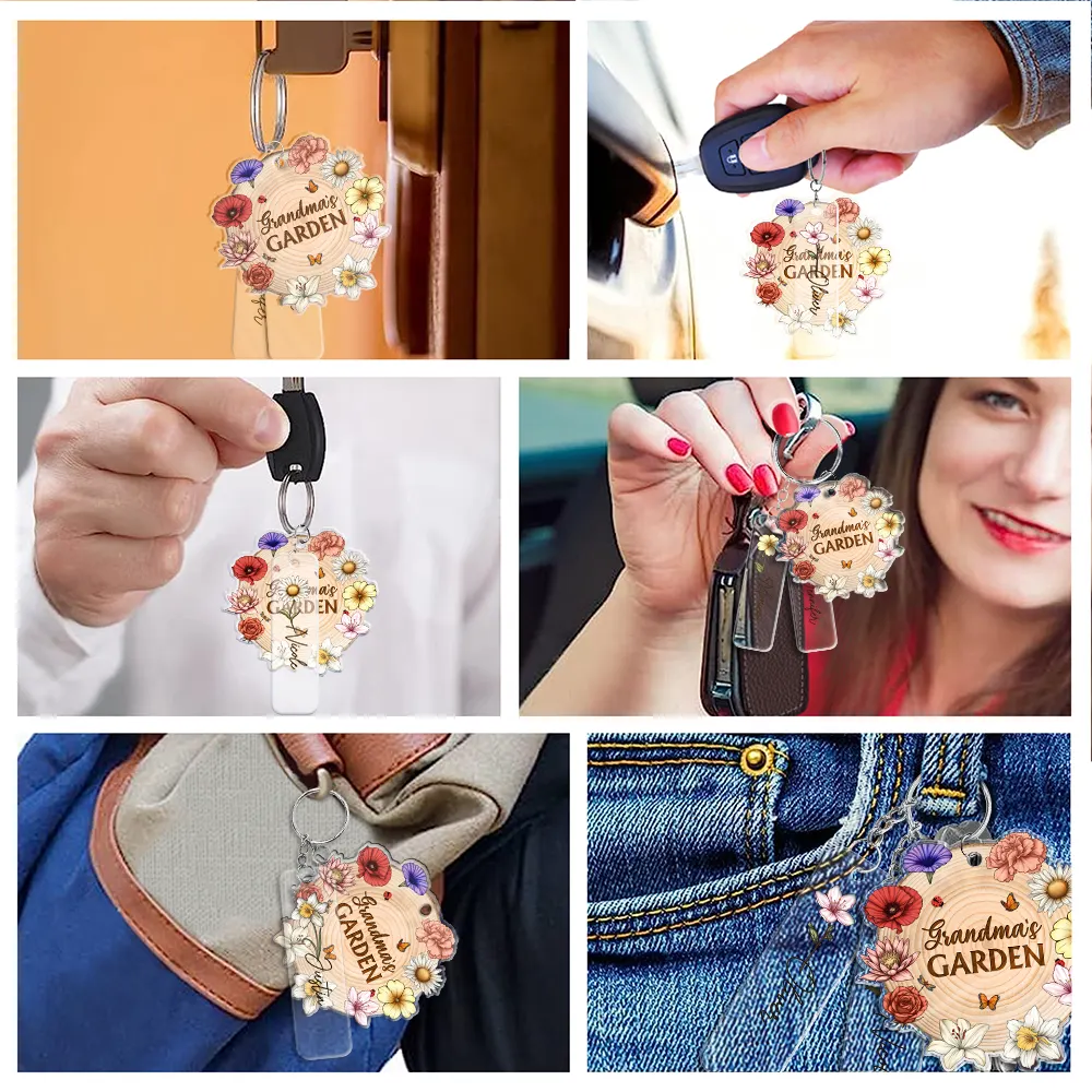 Gift For Grandma, Grandma - Grandkids, Happy - Grandma's Garden Birth Month Flowers - Personalized Acrylic Tag Keychain