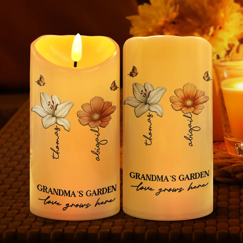 Gift For Grandma,Gift For Mother,Gift For Wife,Gift For Women,Happy - Grandma's Garden Birth Month Flowers - Personalized Flameless LED Candle