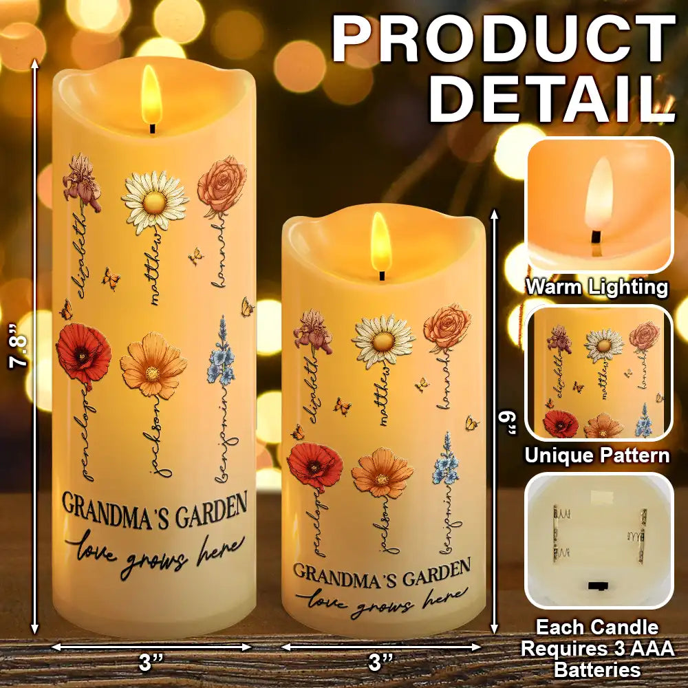 Gift For Grandma,Gift For Mother,Gift For Wife,Gift For Women,Happy - Grandma's Garden Birth Month Flowers - Personalized Flameless LED Candle