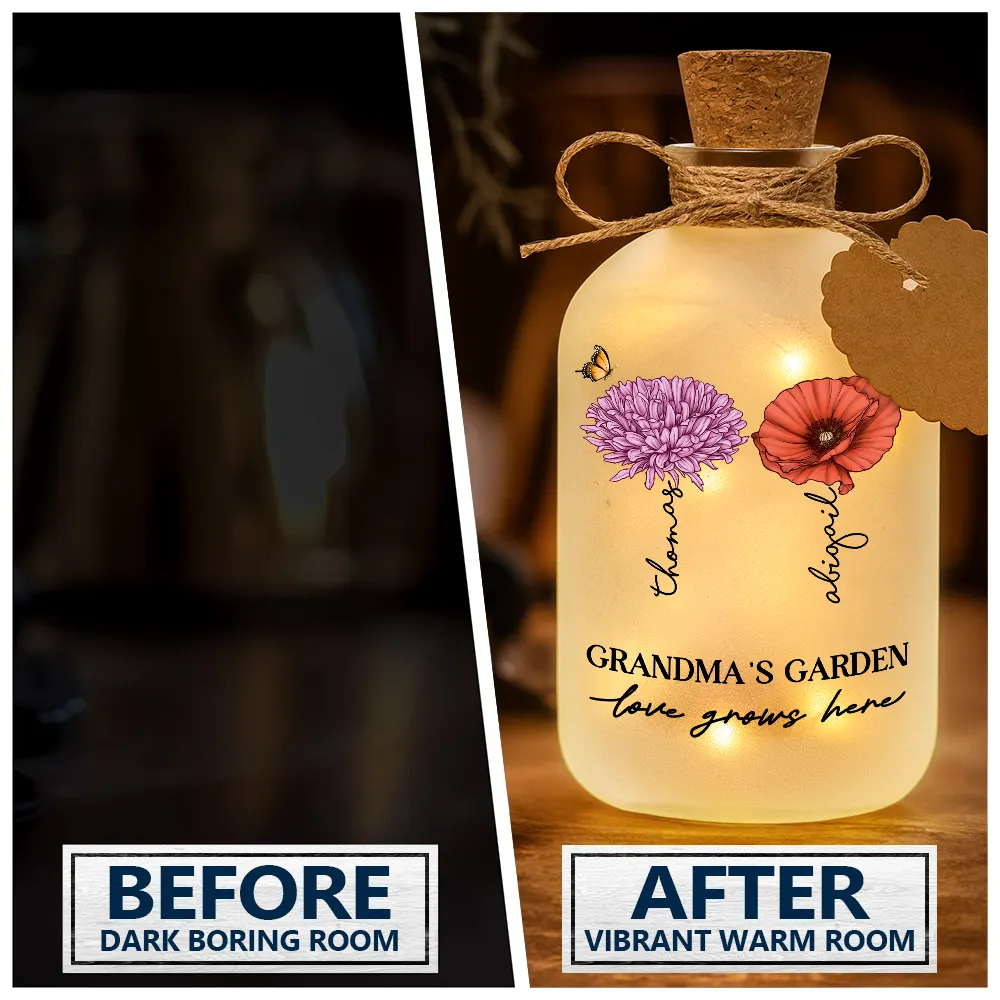 Gift For Grandma, Gift For Mother, Gift For Wife, Gift For Women, Happy - Grandma's Garden Birth Month Flowers - Personalized Short Bottle Light
