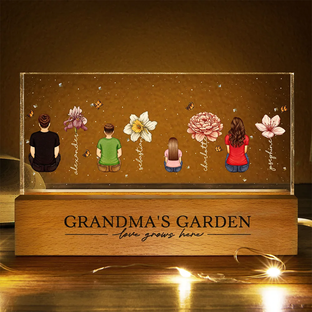 Gift For Grandma,Gift For Mother,Gift For Wife,Gift For Women,Happy - Grandma's Garden Birth Month Flowers Backside Children - Personalized Rectangle LED Light