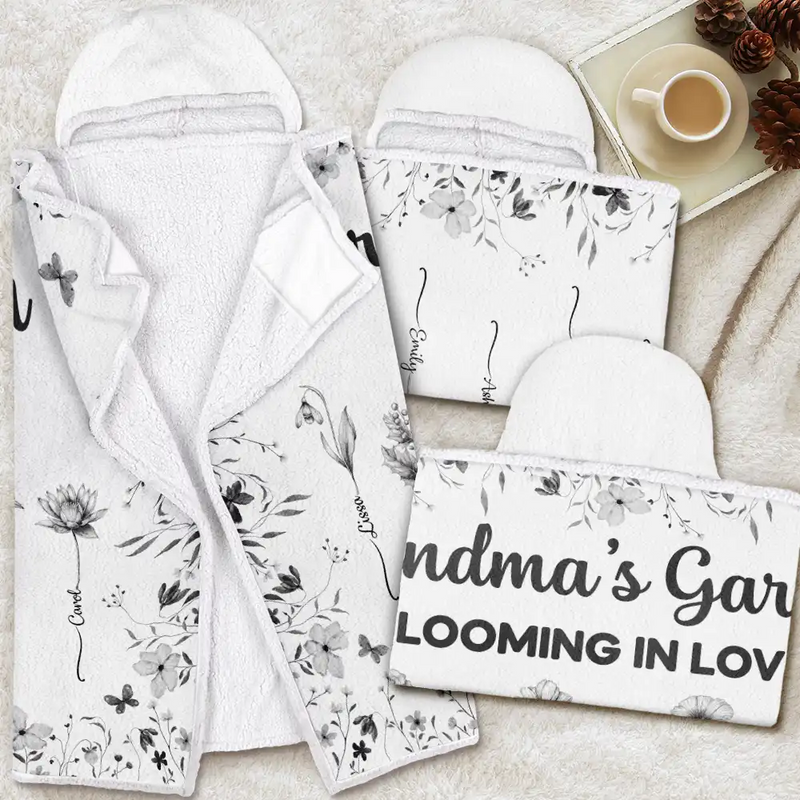 Gift For Women,Gift For Grandma,Gift For Mother,Love,Christmas - Grandma's Garden Blooming In Love Toile Birth Flower - Personalized Wearable Hooded Blanket