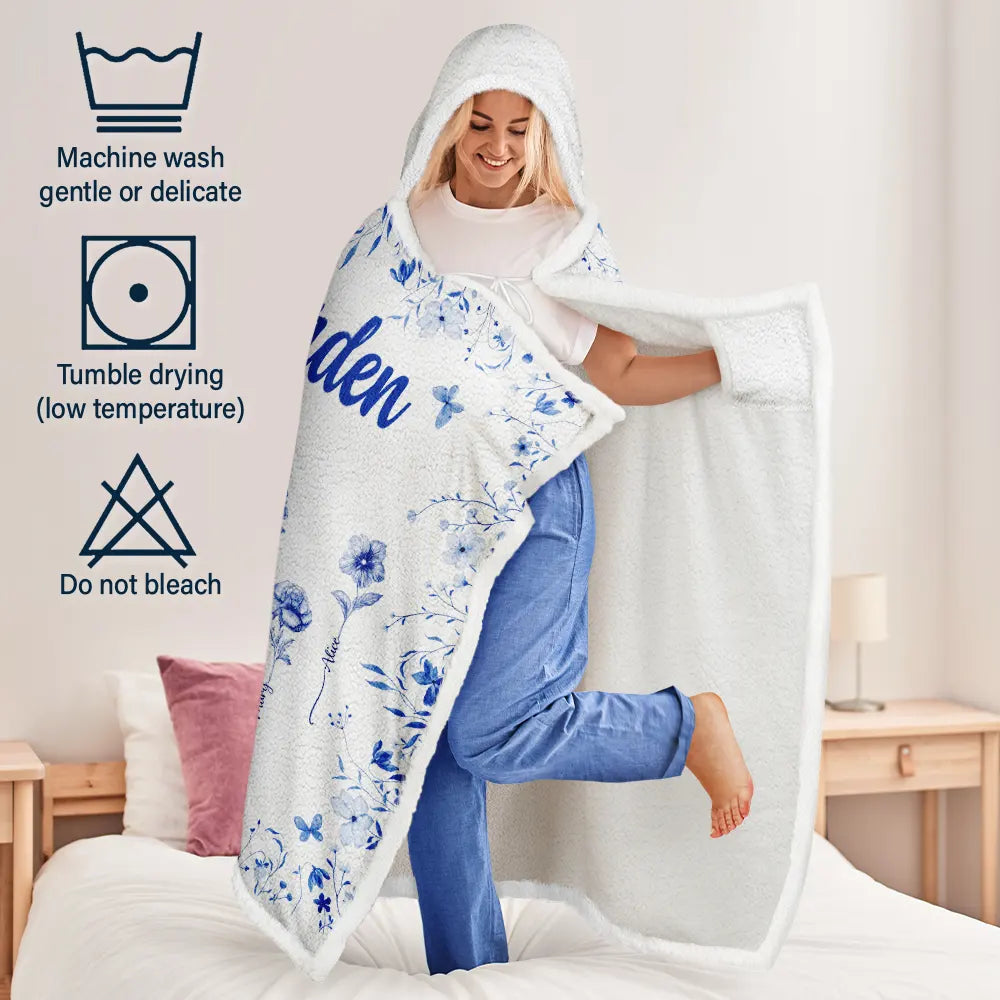 Gift For Women,Gift For Grandma,Gift For Mother,Love,Christmas - Grandma's Garden Blooming In Love Toile Birth Flower - Personalized Wearable Hooded Blanket