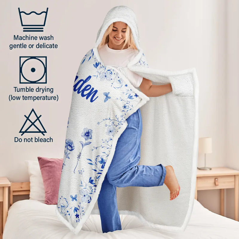 Gift For Women,Gift For Grandma,Gift For Mother,Love,Christmas - Grandma's Garden Blooming In Love Toile Birth Flower - Personalized Wearable Hooded Blanket
