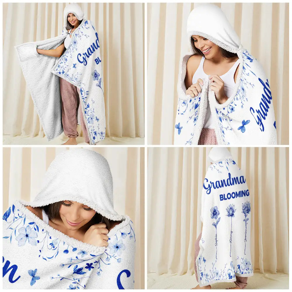 Gift For Women,Gift For Grandma,Gift For Mother,Love,Christmas - Grandma's Garden Blooming In Love Toile Birth Flower - Personalized Wearable Hooded Blanket