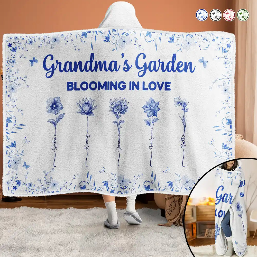 Grandma's Garden Blooming In Love Toile Birth Flower - Personalized Wearable Hooded Blanket