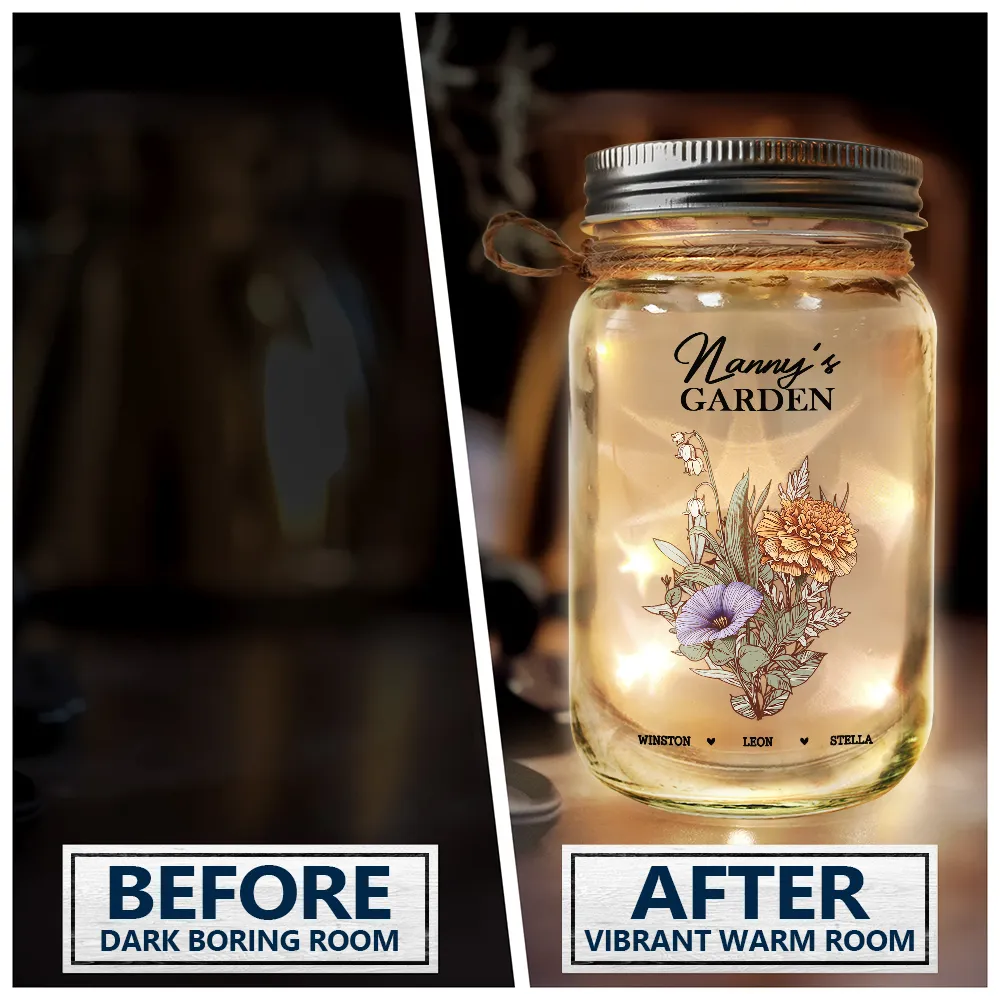 Gift For Grandma,Gift For Mother,Gift For Wife - Grandma's Garden Family Birth Flower - Personalized Mason Jar Light
