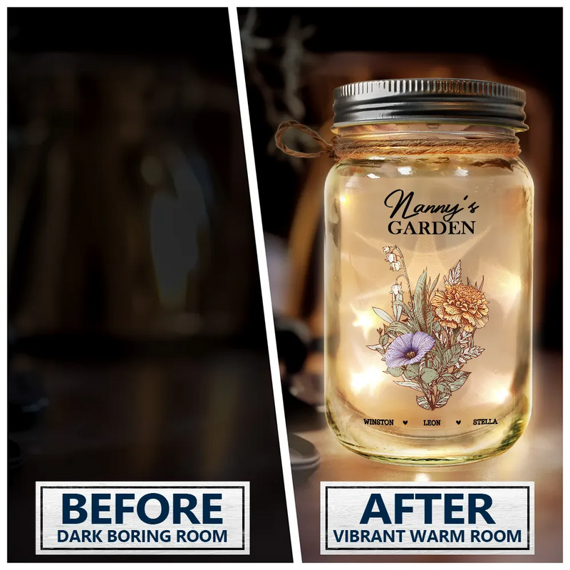 Gift For Grandma,Gift For Mother,Gift For Wife - Grandma's Garden Family Birth Flower - Personalized Mason Jar Light