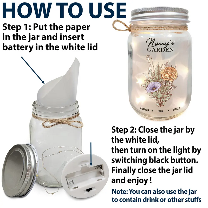 Gift For Grandma,Gift For Mother,Gift For Wife - Grandma's Garden Family Birth Flower - Personalized Mason Jar Light