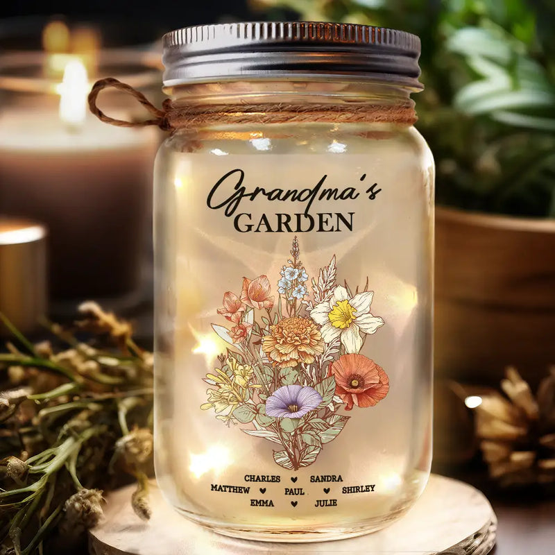 Gift For Grandma,Gift For Mother,Gift For Wife - Grandma's Garden Family Birth Flower - Personalized Mason Jar Light
