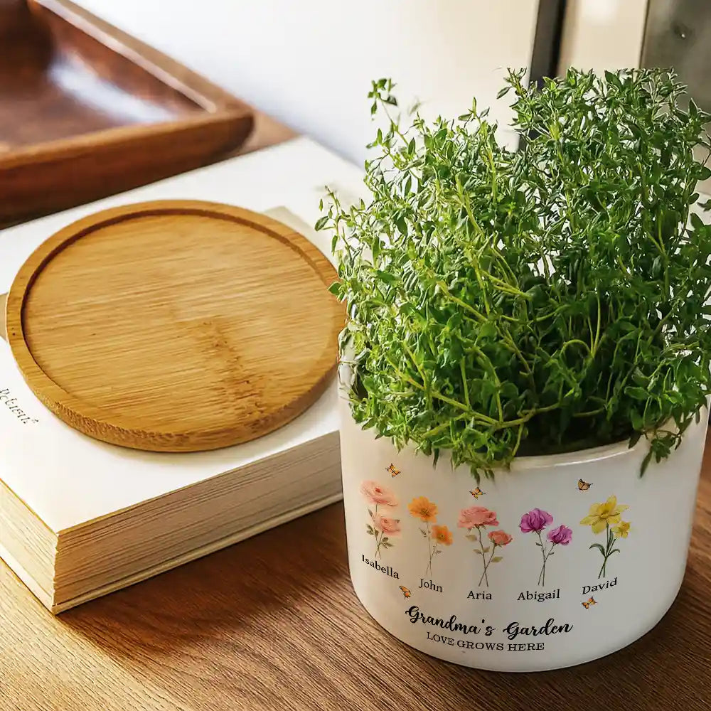 Gift For Mother, Gift For Grandma, Love - Grandma's Garden Faux Pressed Effect Birth Flower - Personalized Ceramic Plant Pot