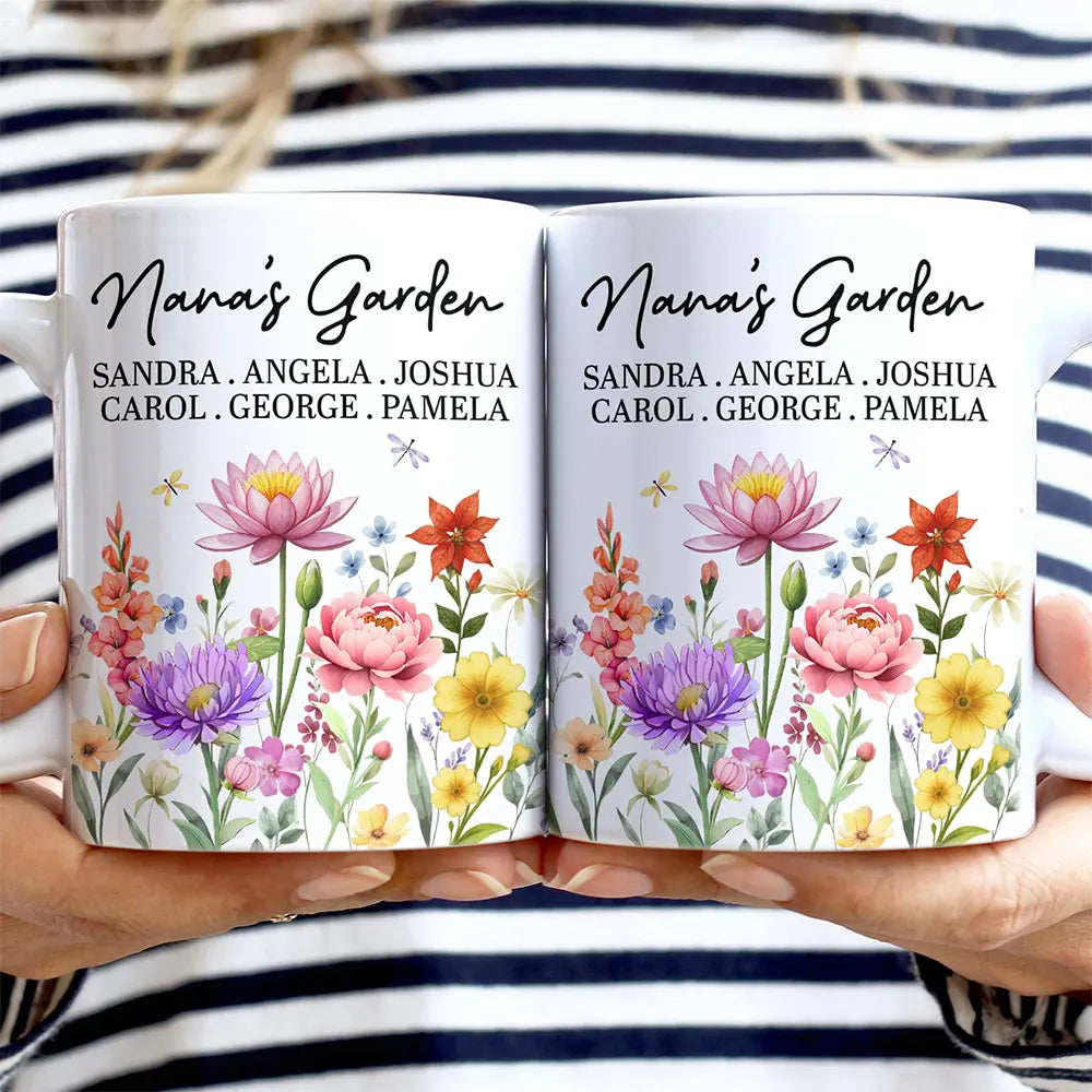 Gift For Grandma, Grandma - Grandkids, Grandma's Hobby, Happy - Grandma's Garden Floral - Personalized White Edge-to-Edge Mug
