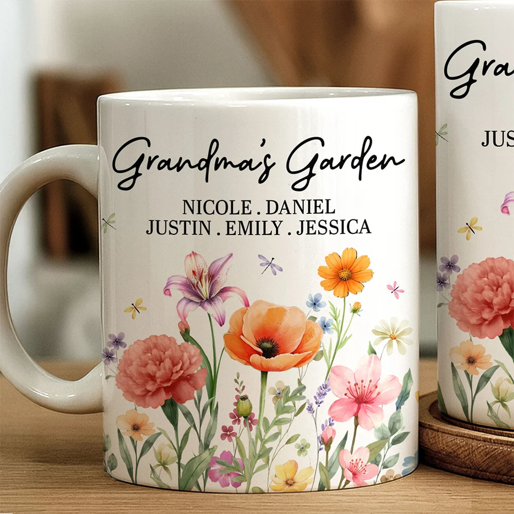 Gift For Grandma, Grandma - Grandkids, Grandma's Hobby, Happy - Grandma's Garden Floral - Personalized White Edge-to-Edge Mug