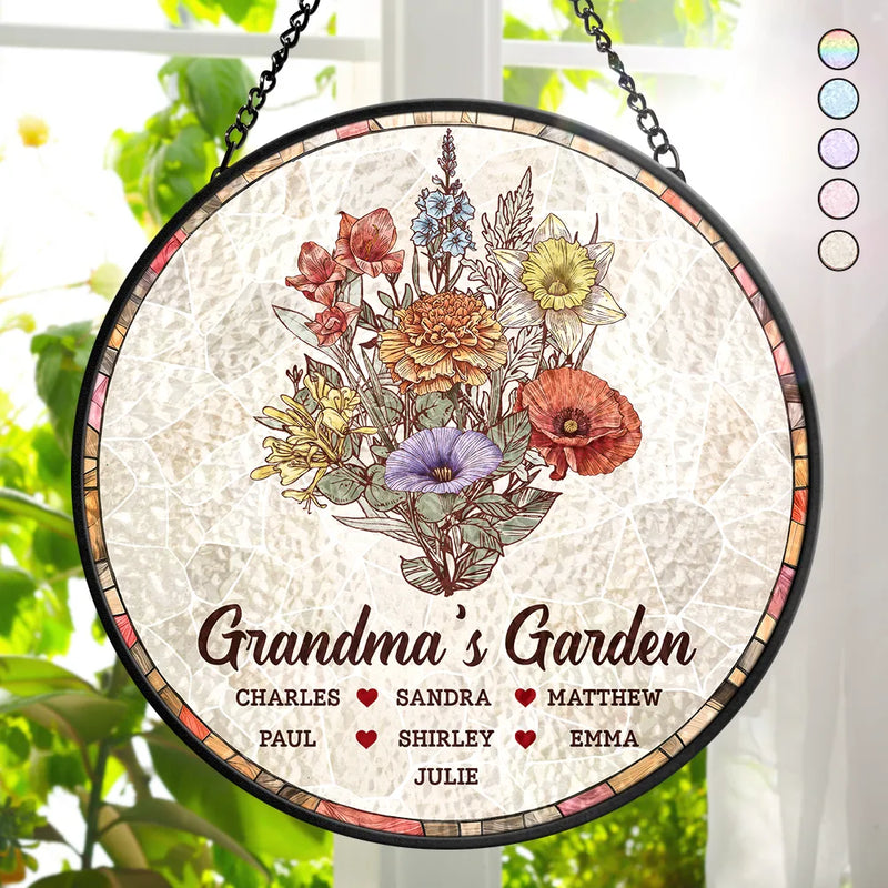 Gift For Grandma,Gift For Mother,Gift For Wife,Love - Grandma's Garden Nana Mom Birth Flower - Personalized Stained Glass Window Hanging Suncatcher