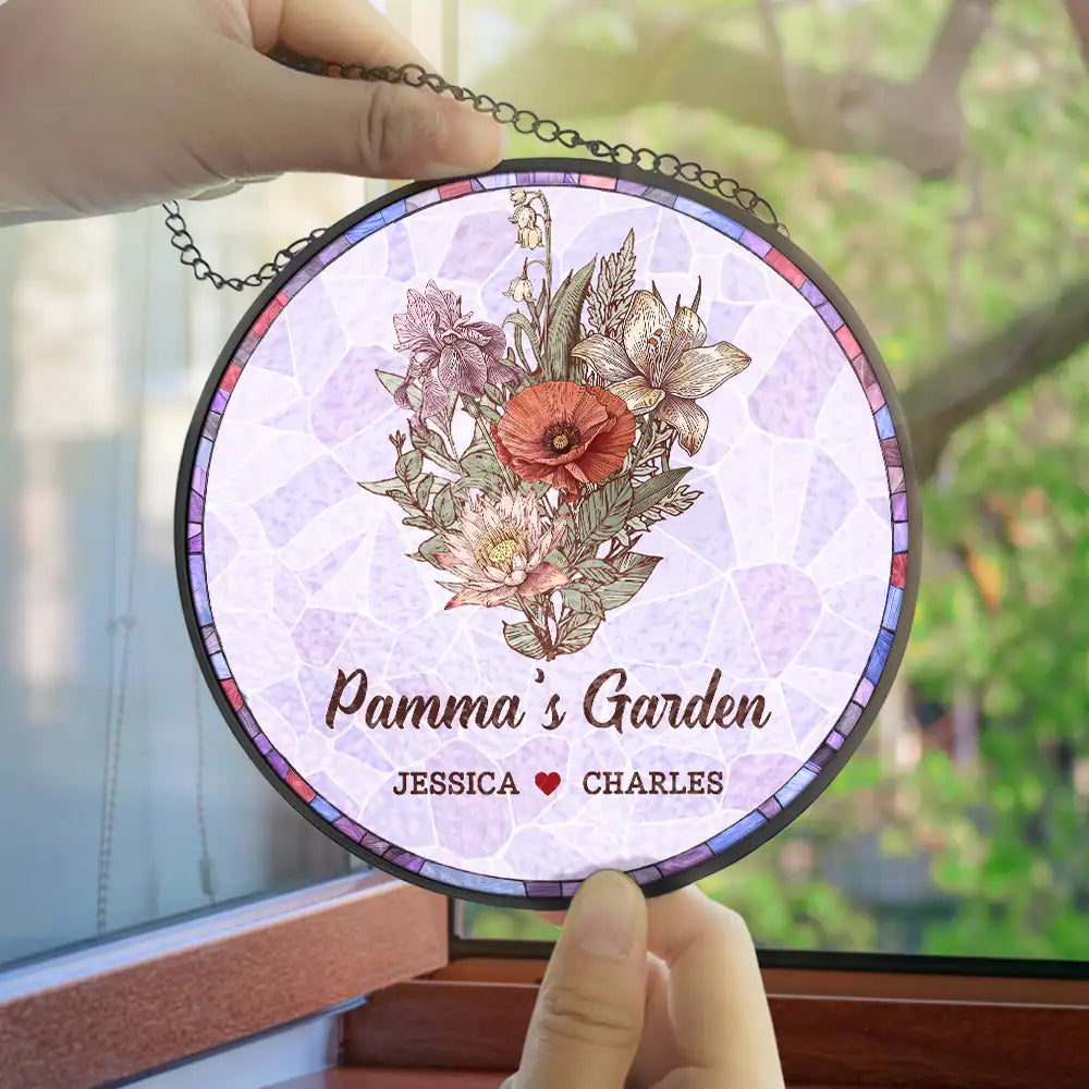 Gift For Grandma,Gift For Mother,Gift For Wife,Love - Grandma's Garden Nana Mom Birth Flower - Personalized Stained Glass Window Hanging Suncatcher