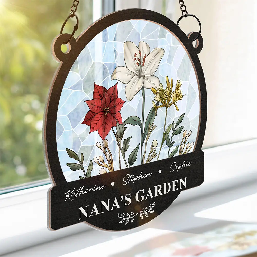 Gift For Grandma, Gift For Mother, Gift For Wife, Happy - Grandma's Garden Nana Mom Nanny Birth Flowers - Personalized Window Hanging Suncatcher Ornament