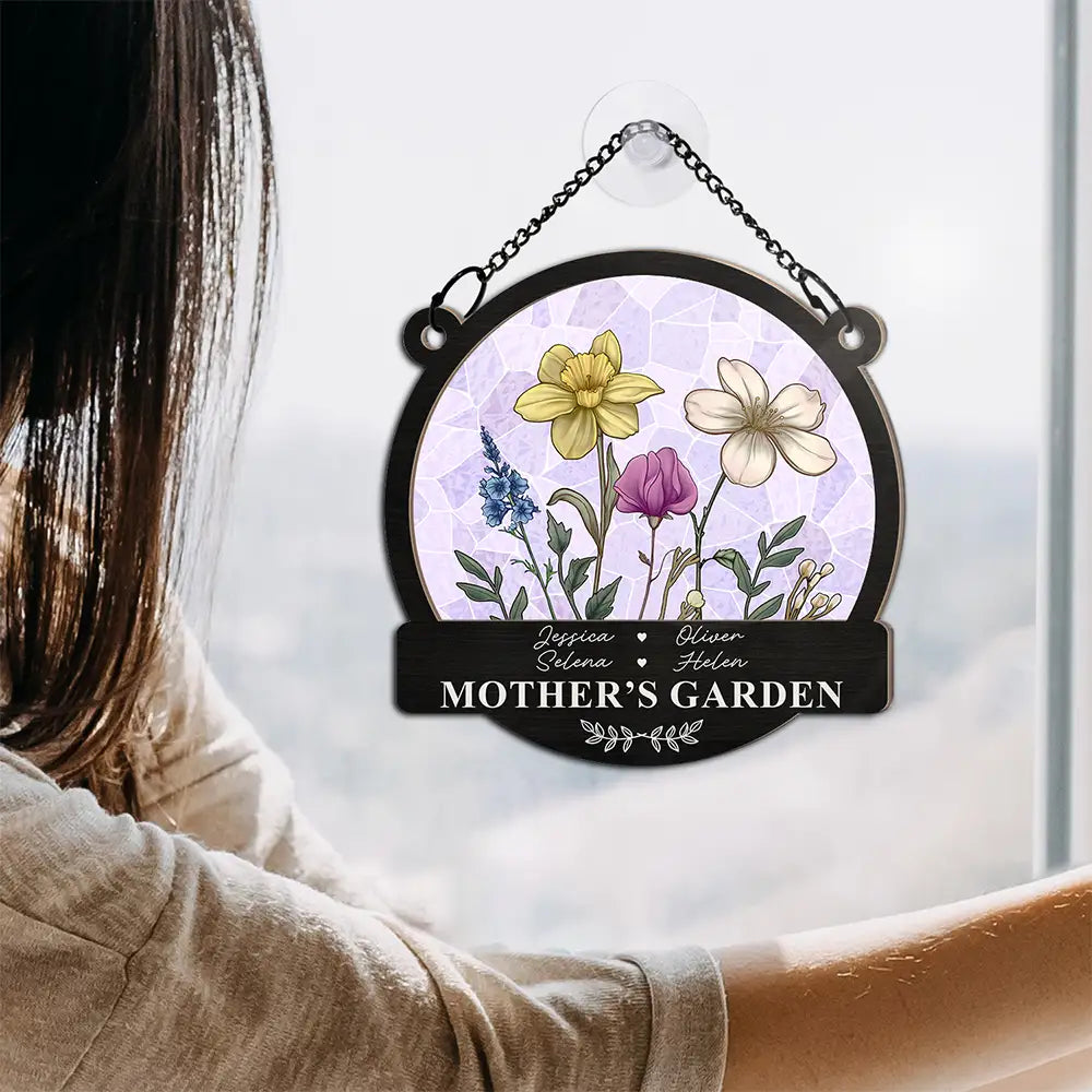 Gift For Grandma, Gift For Mother, Gift For Wife, Happy - Grandma's Garden Nana Mom Nanny Birth Flowers - Personalized Window Hanging Suncatcher Ornament