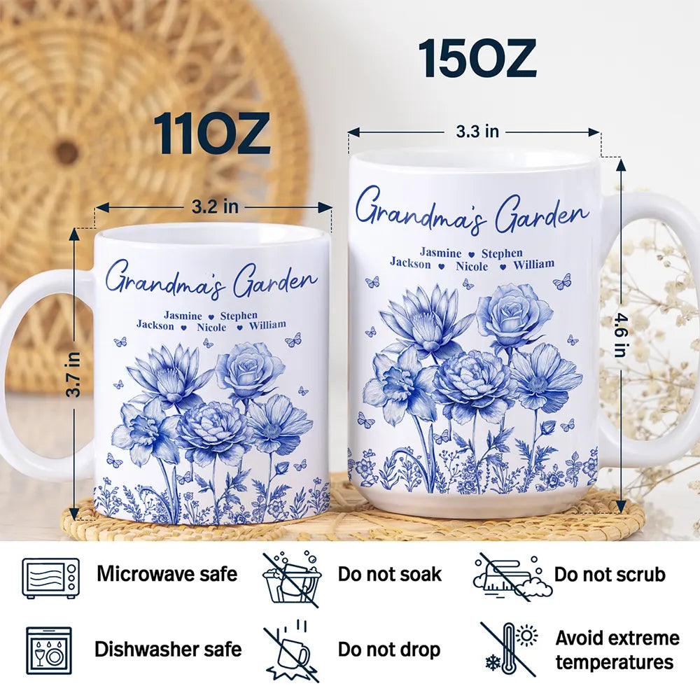 Gift For Grandma,Gift For Mother,Gift For Wife - Grandma's Garden Toile Birth Flower - Personalized White Edge-to-Edge Mug