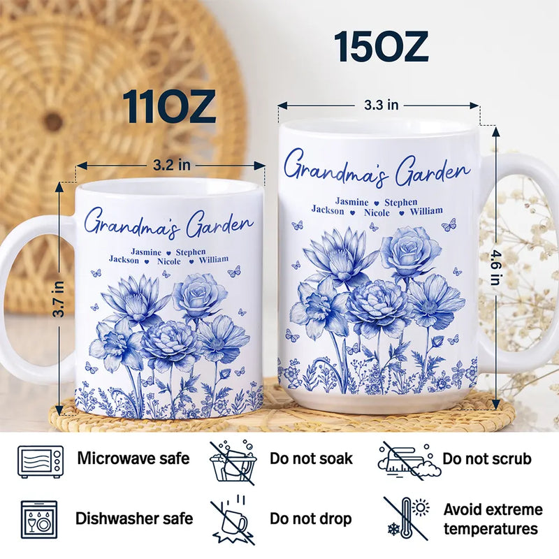 Gift For Grandma,Gift For Mother,Gift For Wife - Grandma's Garden Toile Birth Flower - Personalized White Edge-to-Edge Mug